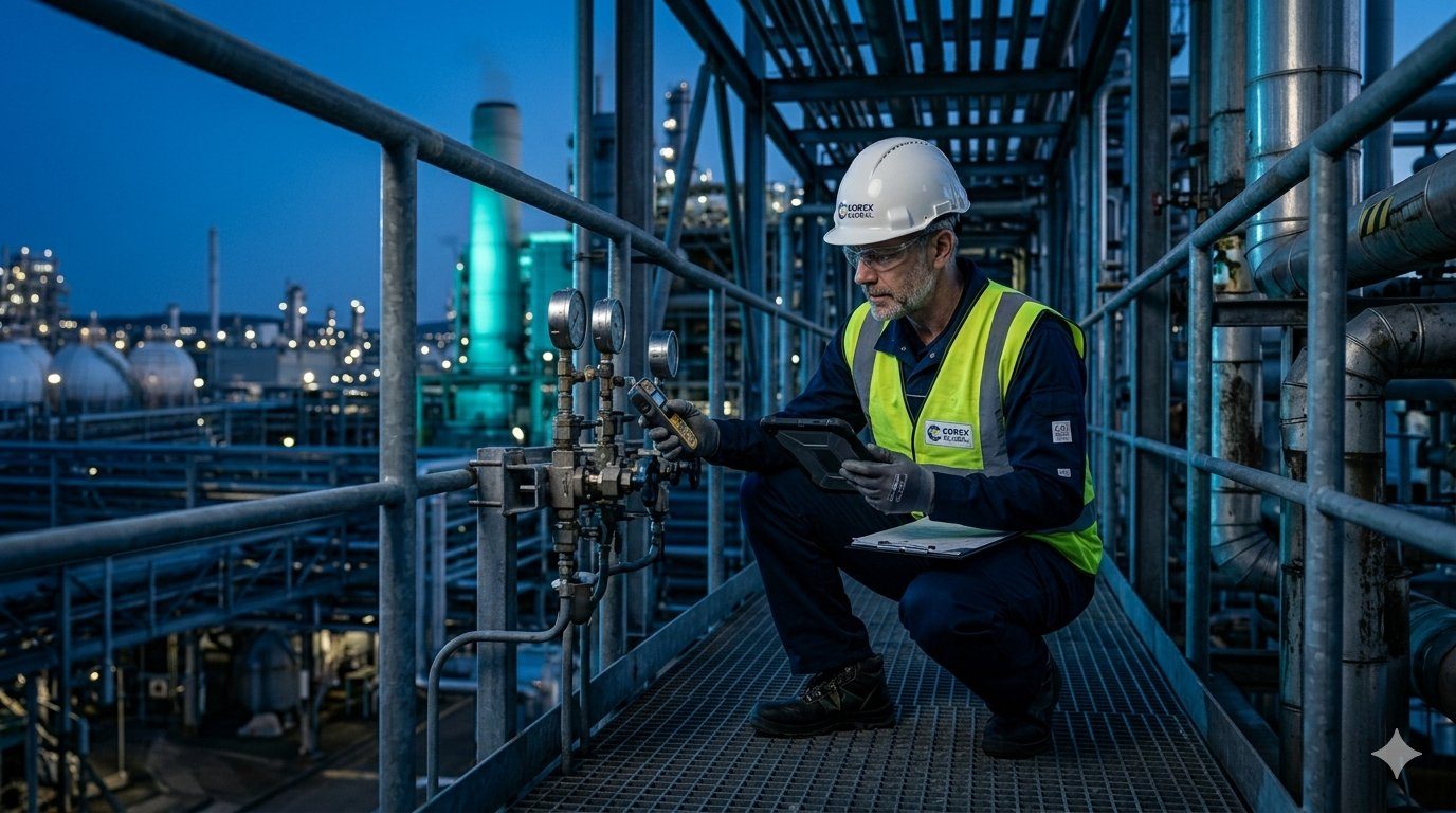 Sicherheitsbegehung an einer Industrieanlage mit PSA